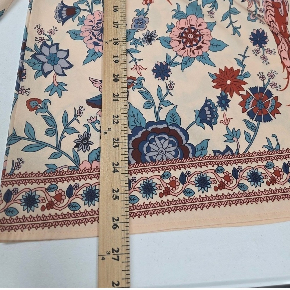 Boho Floral Bird Print Blouse XL Mock Neck Bell Sleeve Peacock Pattern Top - Picture 7 of 8